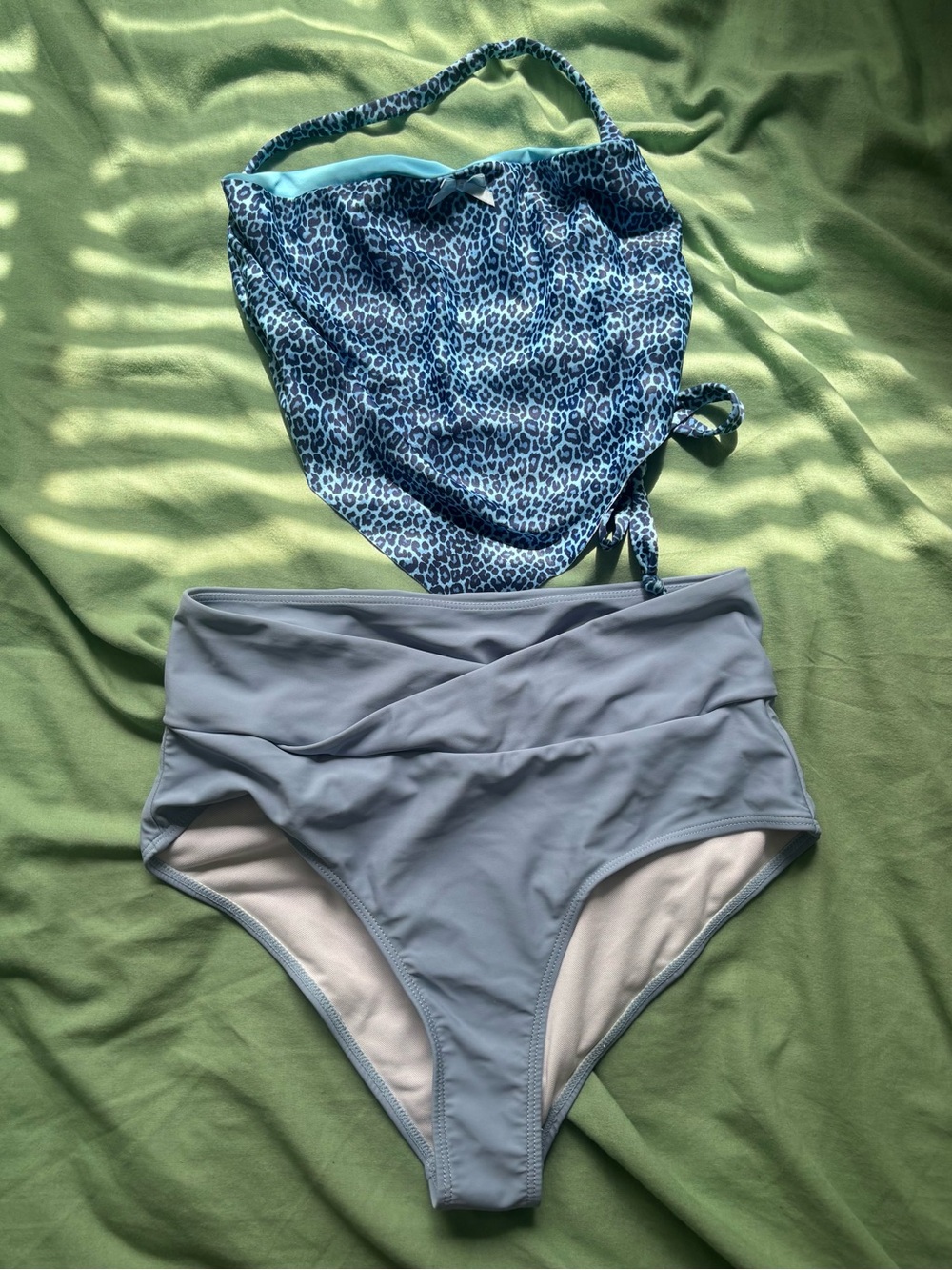 Two-Piece Blue Leopard Print Tankini Top & Light Blue High-Waist Bottoms